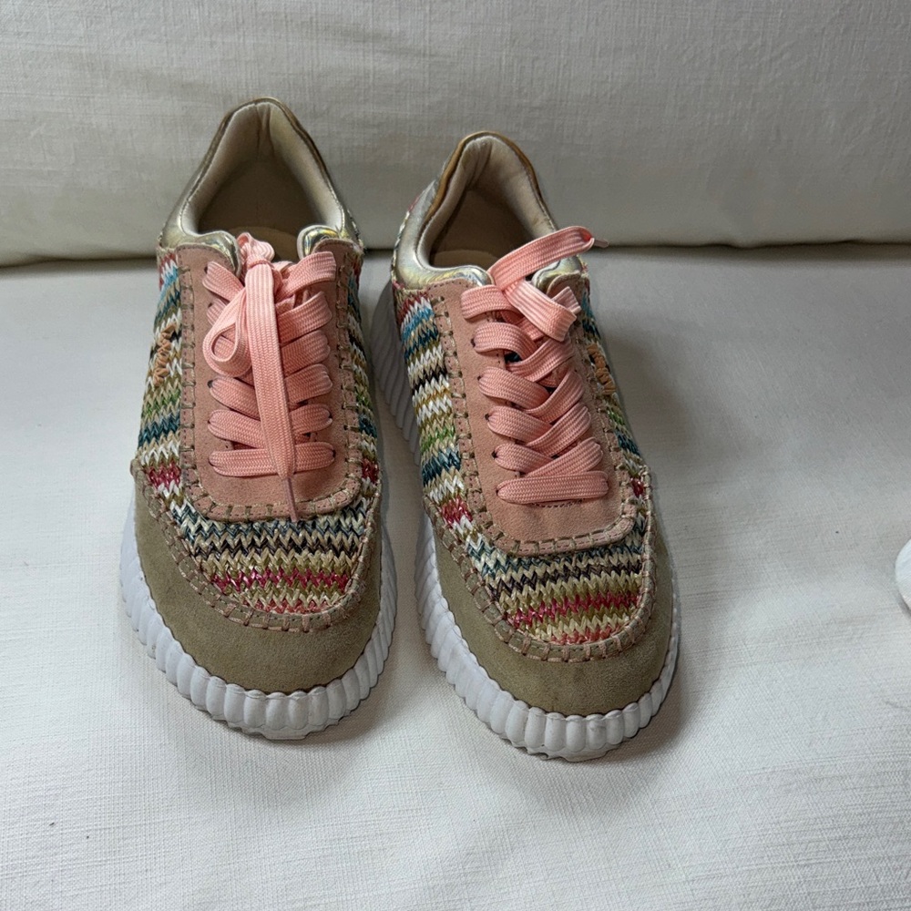 Multicolor‎ Knit Platform Sneakers with Pink Laces